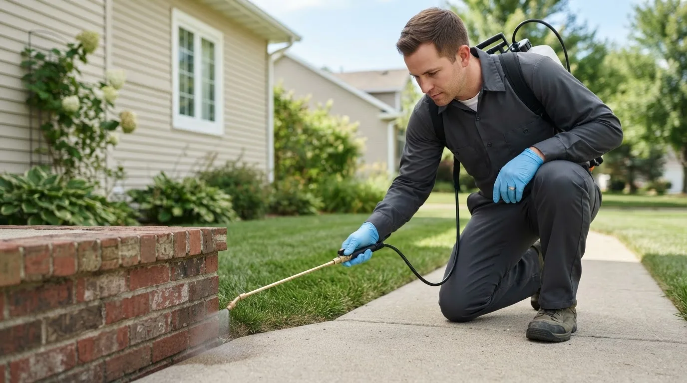 Pest control technician treating a home near Poyntelle, PA