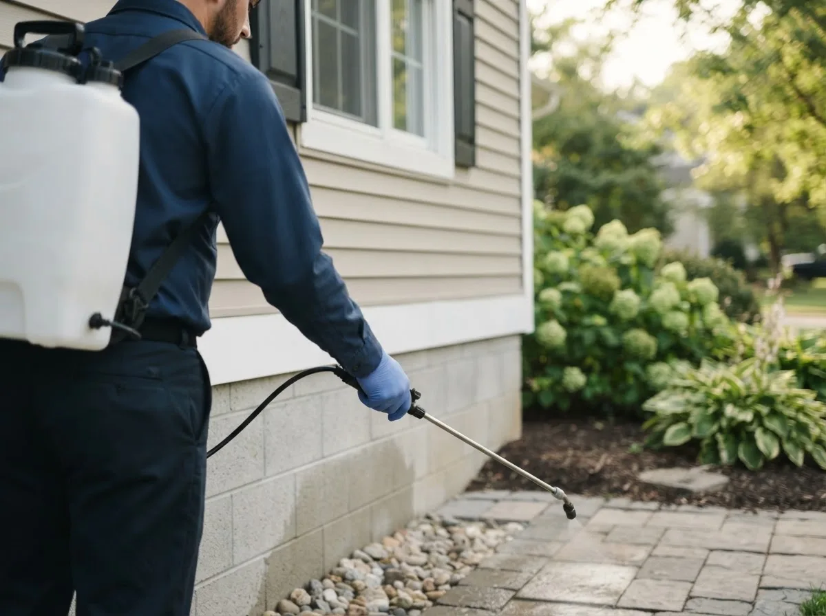 Pest control technician inspecting a home in Poyntelle, PA